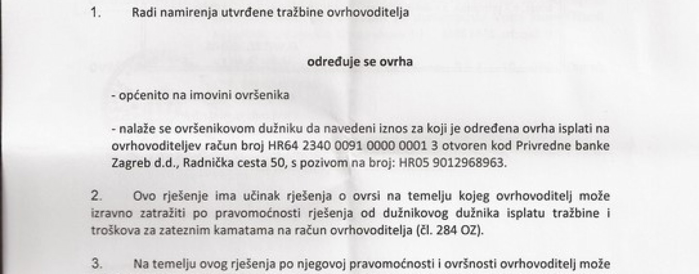 VESNA ŠKARE OŽBOLT PROVODI OVRHE ZA PBZ